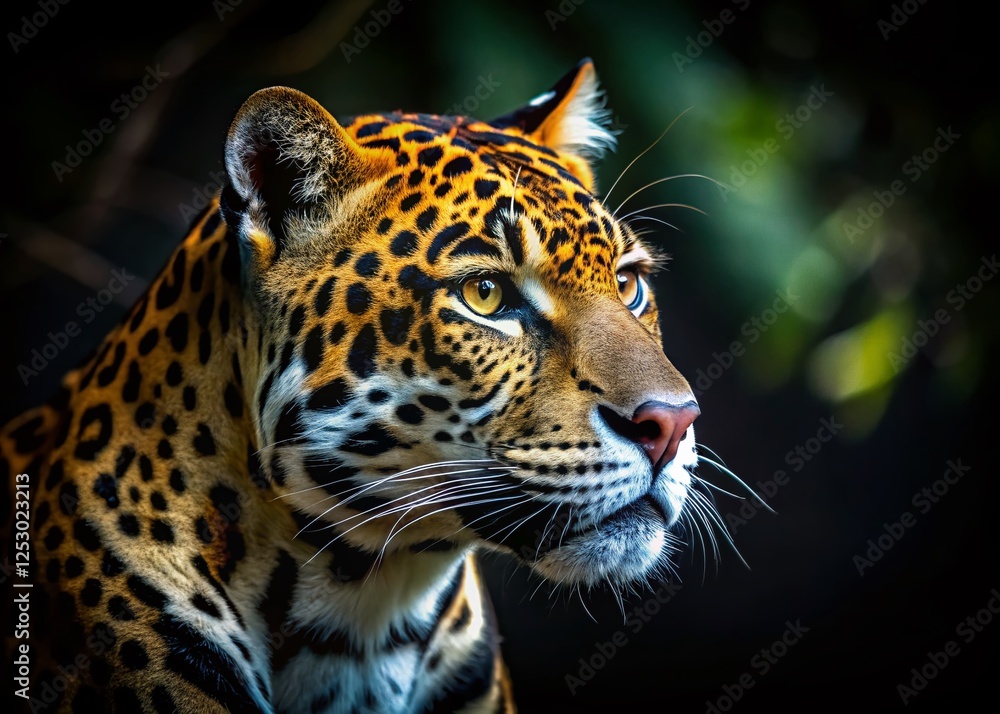 Fototapeta premium Intense Jaguar Close-Up: Spotted Fur and Powerful Gaze Against Dark Background