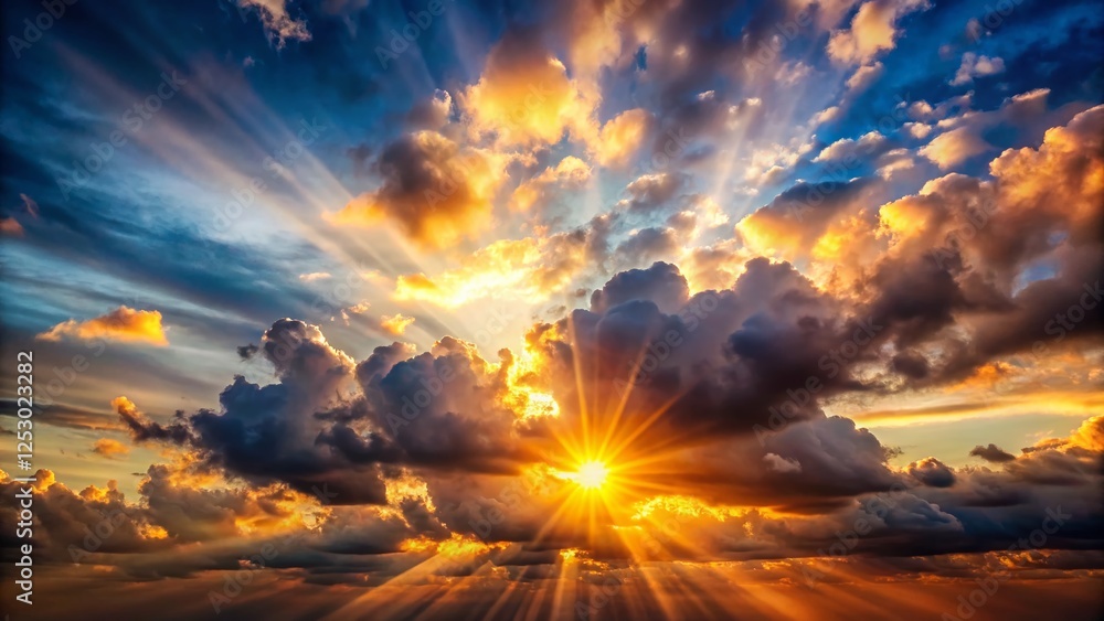 Fototapeta premium Intense Sunlight Piercing Gray Clouds - Dramatic Sunset Backlit Landscape Photography