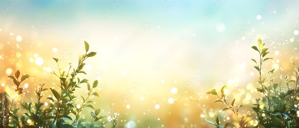 A mesmerizing mix of blurred summer foliage and a radiant sky, enhanced with soft light spots. A mesmerizing mix of blurred summer foliage and a radiant sky, enhanced with soft light spots.