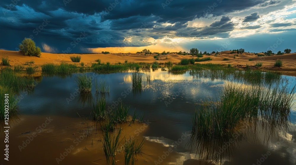 Naklejka premium Desert oasis reflects stormy sunset sky.
