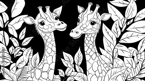 Two baby giraffes in jungle foliage. Coloring page photo