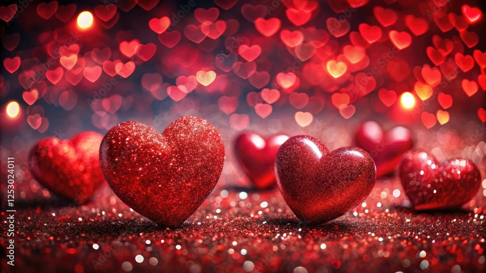 Romantic red hearts shimmer, bokeh's soft glow enhances Valentine's Day. Romantic red hearts shimmer, bokeh's soft glow enhances Valentine's Day.