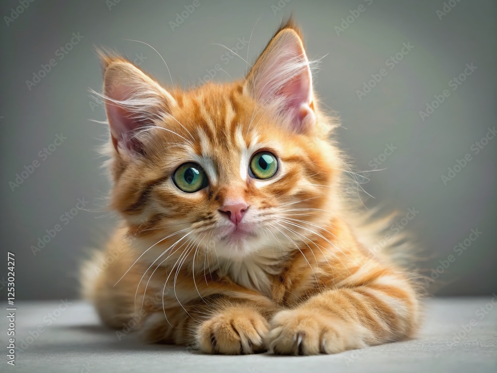Adorable Ginger and Grey Tabby Kitten Close-Up, Curious Gaze, Soft Grey Background Adorable Ginger and Grey Tabby Kitten Close-Up, Curious Gaze, Soft Grey Background