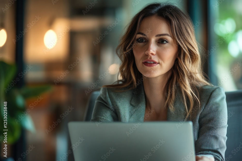 Fototapeta premium A businesswoman in a modern office environment, working on her laptop. She is dressed professionally and appears focused on the task at hand.