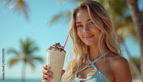 woman enjoying milkshake on sunny beach, with palm trees in background, exuding relaxed and cheerful vibe