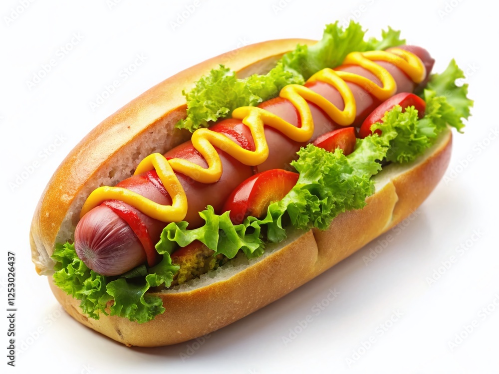 Juicy Hot Dog, Isolated on White Background, Fast Food Snack, Delicious Street Food Juicy Hot Dog, Isolated on White Background, Fast Food Snack, Delicious Street Food