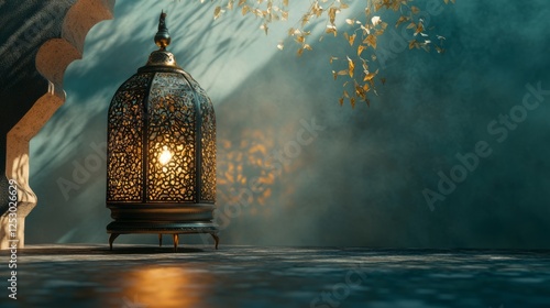 Glowing arabic lantern with intricate metalwork casting warm light on a dark background, symbolizing ramadan kareem with a spiritual and festive atmosphere, ideal for islamic holiday celebrations, tra photo