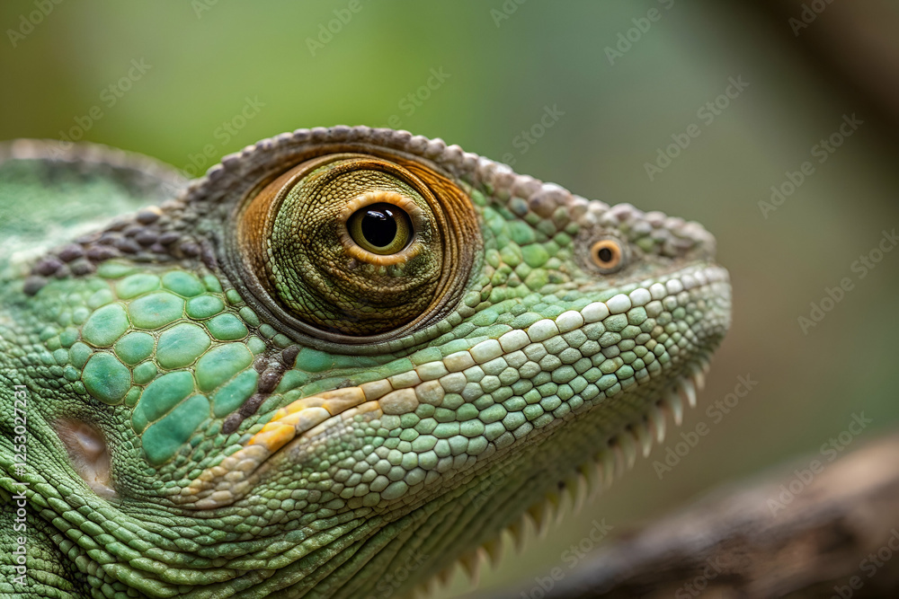 Fototapeta premium amazon rainforest, Close Up Of A Green Chameleon's Eye and Scales in Detail Photographed With
