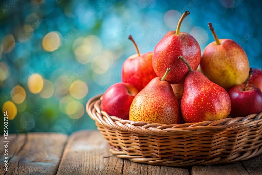 Juicy Red Pears in Rustic Wicker Basket - Blue Bokeh Background Juicy Red Pears in Rustic Wicker Basket - Blue Bokeh Background