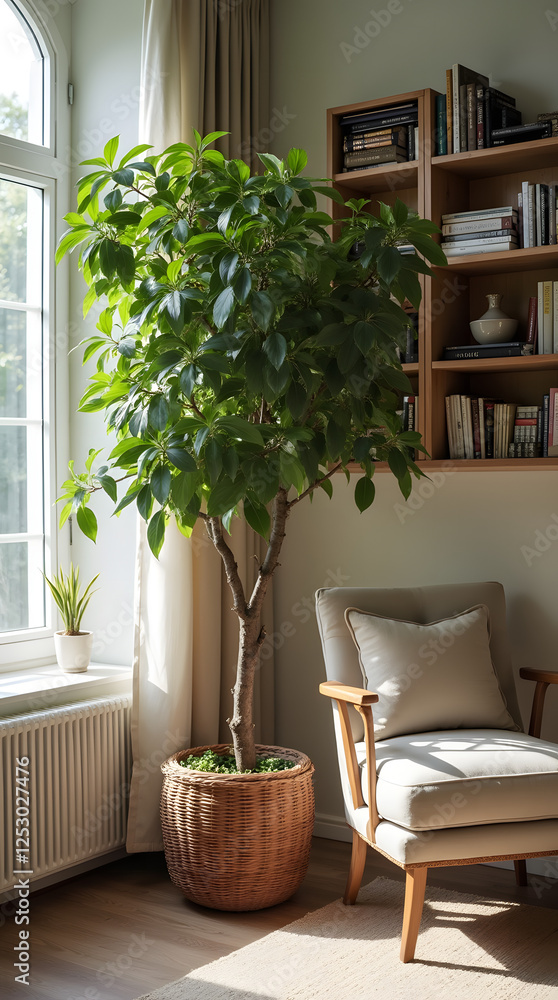A cozy and welcoming room with a luxurious indoor tree and a stylish wooden shelf decorated with books and decorative items, creating an atmosphere of peace and inspiration for relaxation.