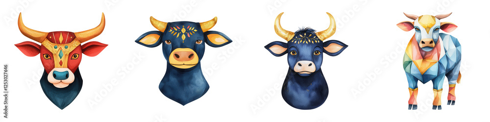 Naklejka premium A vibrant collection of stylized cow heads, each showcasing unique colors and patterns, emphasizing artistic art style and cultural significance.