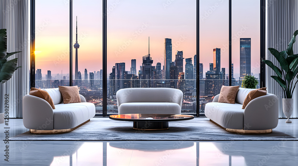 Fototapeta premium Modern Luxurious Living Room with City View and Natural Light
