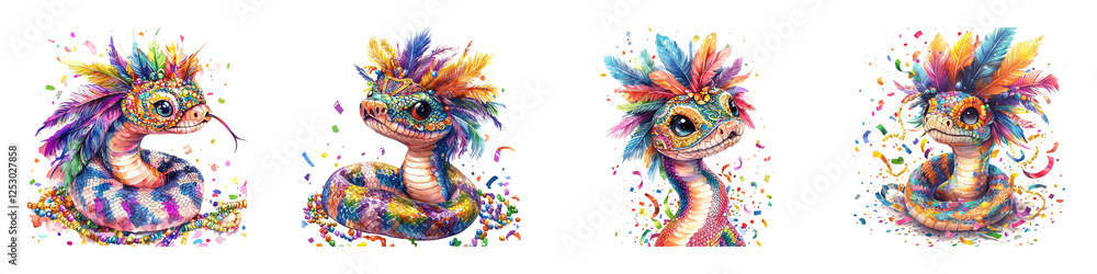 Fototapeta premium A colorful, whimsical creature with vibrant feathers and playful expressions, showcasing various angles.