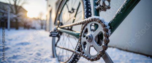 Frostbitten bike chain in icy alley, winter abandonment