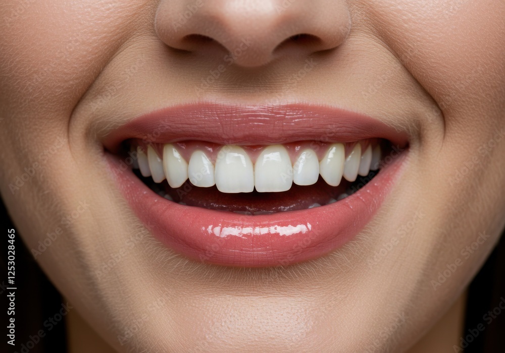 White woman's mouth is smiling, white teeth, beautiful lips White woman's mouth is smiling, white teeth, beautiful lips