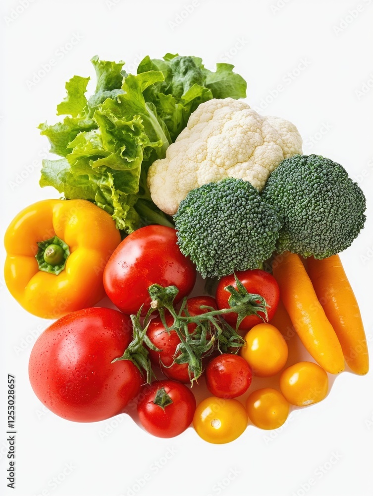A bunch of fresh, colorful vegetables on a white background. These include broccoli, cauliflower, cucumber, lettuce, tomato, pepper, carrot. A bunch of fresh, colorful vegetables on a white background. These include broccoli, cauliflower, cucumber, lettuce, tomato, pepper, carrot.