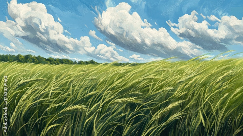 Windswept grass field under a bright, cloudy sky. Windswept grass field under a bright, cloudy sky.