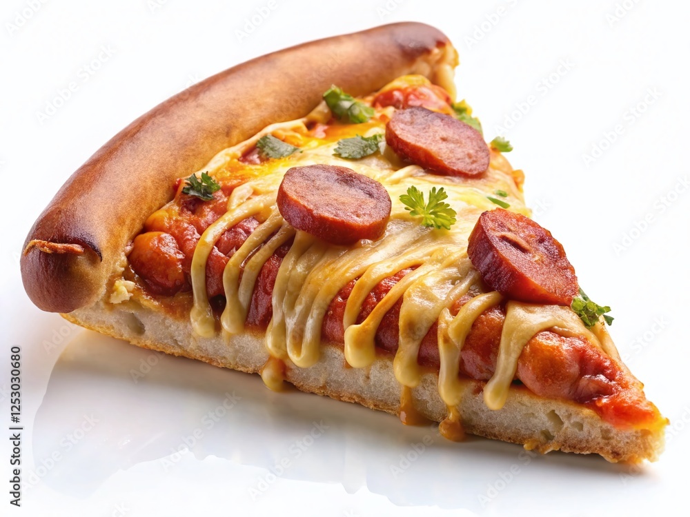 Levitation Pizza Slice: Cheesy Sausage Delight on White Background Levitation Pizza Slice: Cheesy Sausage Delight on White Background
