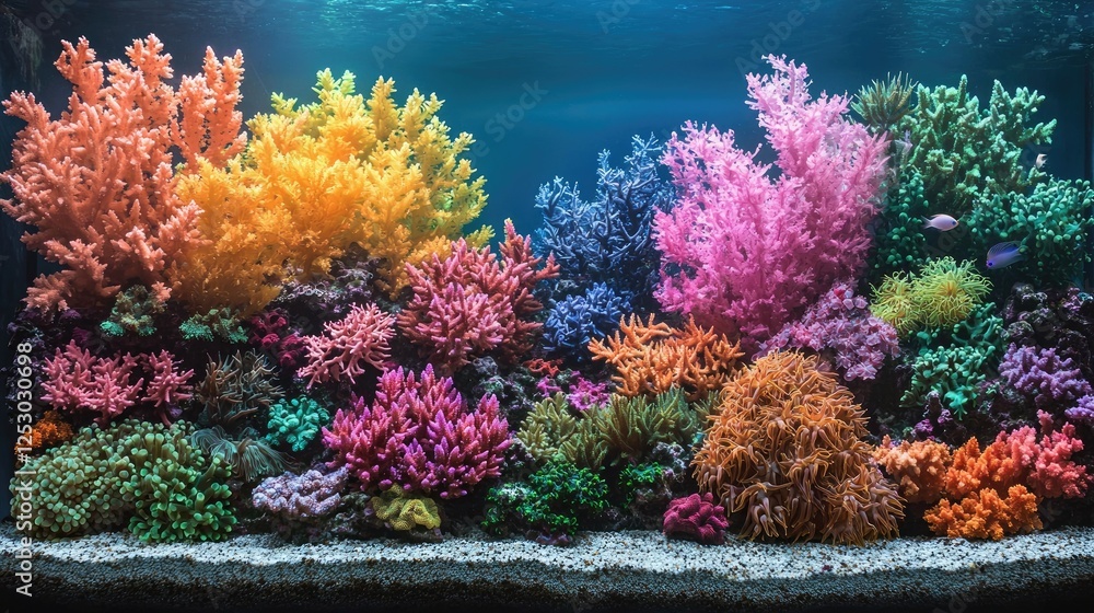 Obraz premium Vibrant Coral Reef Aquarium Display Showing Diverse Marine Life