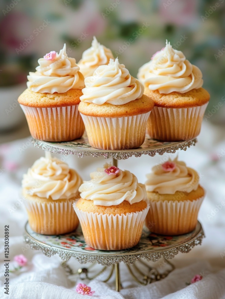 A tray of vanilla cupcakes with creamy frosting, presented in a batch of four. Perfect for dessert or as a sweet treat. A tray of vanilla cupcakes with creamy frosting, presented in a batch of four. Perfect for dessert or as a sweet treat.
