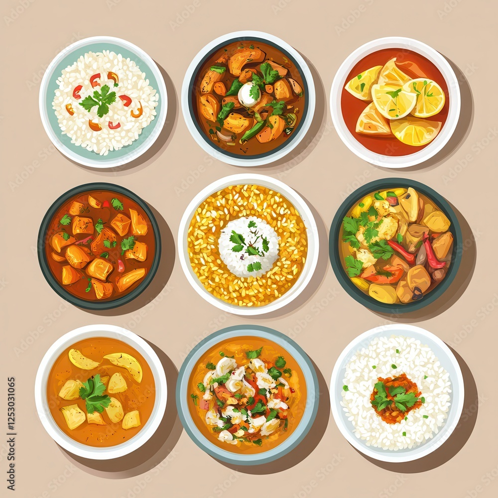 Rice dishes and curries, fragrant and vibrant meals, top view, flat design illustration Rice dishes and curries, fragrant and vibrant meals, top view, flat design illustration