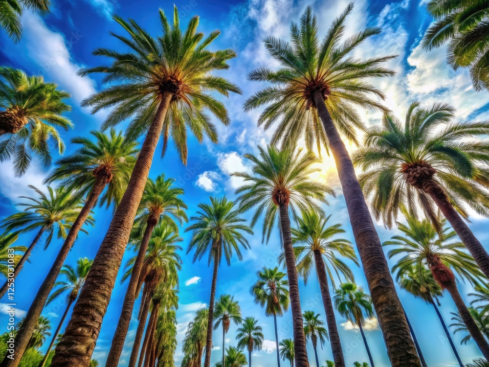 Valencia's palms pierce a vibrant blue sky; a documentary view from below. Valencia's palms pierce a vibrant blue sky; a documentary view from below.