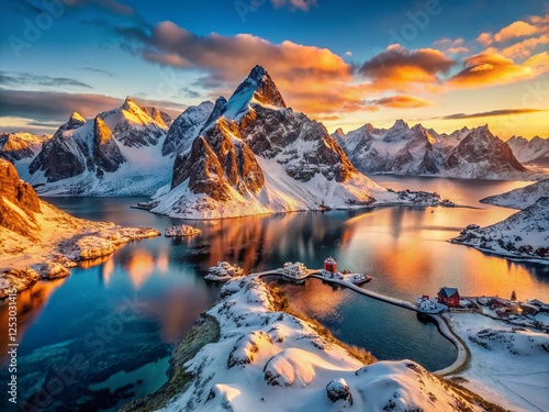 Lofoten Islands Winter Sunset: Aerial Drone View of Volandstinden's Dramatic Peaks photo