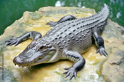 A taxidermied alligator on exhibit in a natural setting. photo