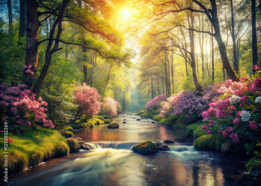 Fototapeta premium Vintage serenity: a stream whispers past blooming flowers, a lush forest breathes softly.