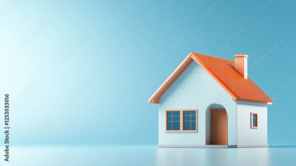 realistic 3D figure of house with blue background, featuring sloped orange roof and windows, evokes sense of warmth and comfort realistic 3D figure of house with blue background, featuring sloped orange roof and windows, evokes sense of warmth and comfort