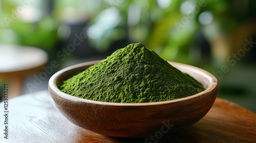 A bowl of vibrant green powder, likely a natural supplement or food ingredient.