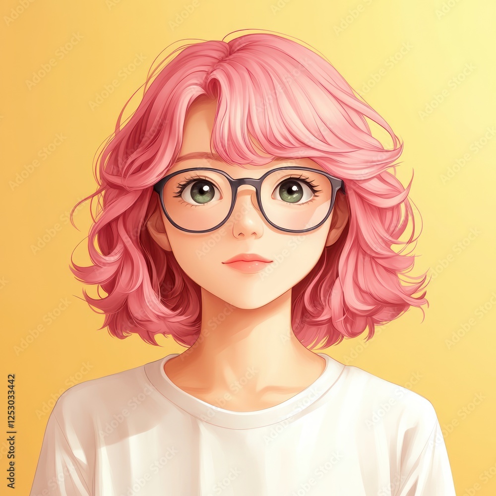 Young woman with pink hair and glasses against a vibrant yellow background, conveying confidence and creativity Young woman with pink hair and glasses against a vibrant yellow background, conveying confidence and creativity