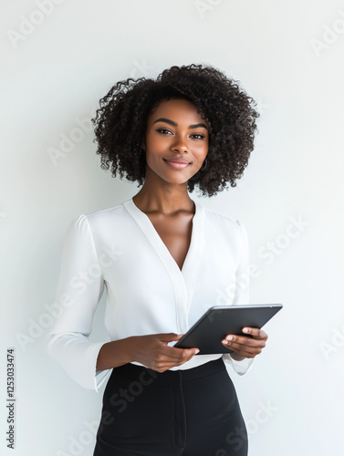Wallpaper Mural Confident Afro-American woman with curly hair, holding a tablet, wearing a white blouse and black pants. Standing in front of a minimalistic white background, exuding a professional vibe Torontodigital.ca
