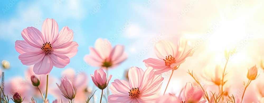 Serene Blossom Scene with Pink Petals Under Bright Sky and Soft Sunlight Rays in a Peaceful Environment Serene Blossom Scene with Pink Petals Under Bright Sky and Soft Sunlight Rays in a Peaceful Environment