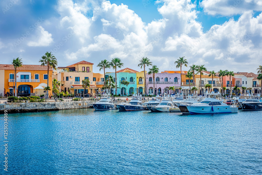 Obraz premium Vibrant pastel harbor with moored yachts and palm-lined architecture, perfect for a coastal dream getaway