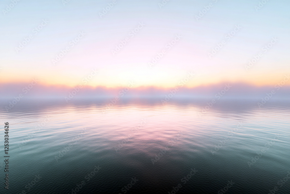 Fototapeta premium Soft pastel sunrise over a misty calm lake with gentle reflections and serene sky