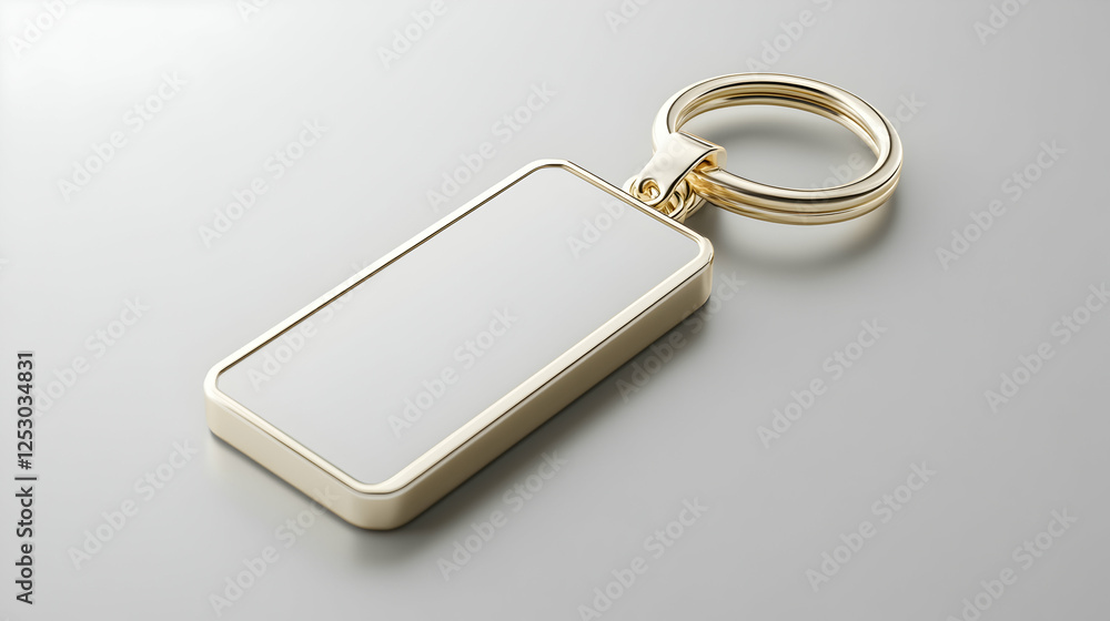 A sleek white rectangular keychain with a gold frame and a metal ring, placed on a neutral background for a stylish look.