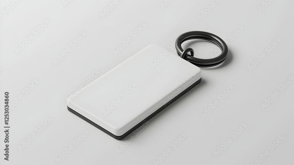A simple white keychain with a sleek black ring, placed on a minimalist background for a clean and modern aesthetic. A simple white keychain with a sleek black ring, placed on a minimalist background for a clean and modern aesthetic.