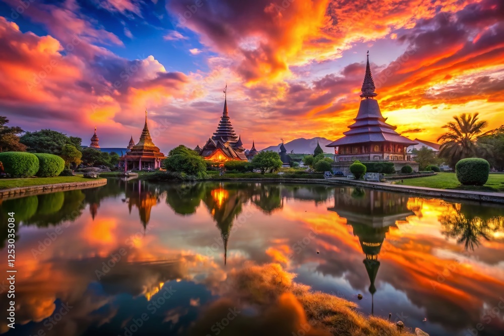 Obraz premium Long Exposure Sunset over Chiang Mai, Thailand - Dramatic Sky and Cityscape