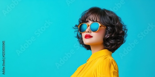 Wallpaper Mural Stylish young asian female with curly hair wearing sunglasses and yellow outfit against blue background. Torontodigital.ca