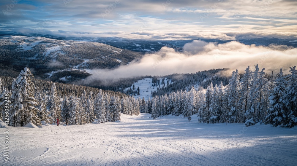 A beautiful winter landscape featuring a snowy mountain peak with clouds in the sky. Skiing enthusiasts would find this scenic spot perfect for ski vacations. A beautiful winter landscape featuring a snowy mountain peak with clouds in the sky. Skiing enthusiasts would find this scenic spot perfect for ski vacations.