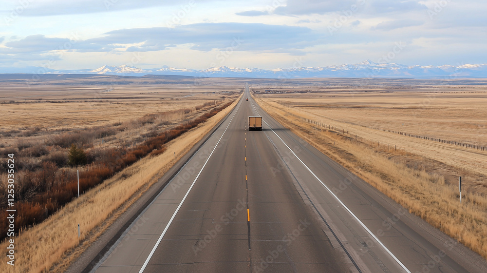 Fototapeta premium Truck on a highway. The road ahead is clear, with the truck speeding across the horizon.