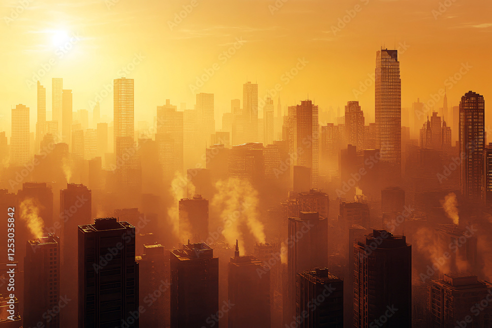 Fototapeta premium Hazy city skyline with tall skyscrapers and pollution under a golden sunset