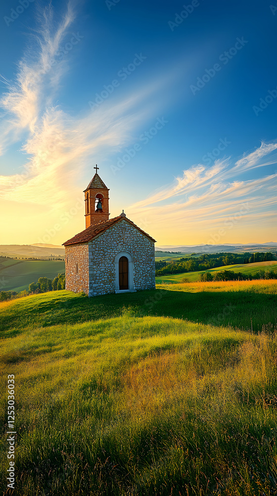 Idyllic chapel in Tuscany with green grass and blue sky
Idyllic chapel in Tuscany with green grass and blue sky