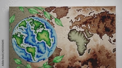 Artistic map of the world with vibrant colors and natural elements