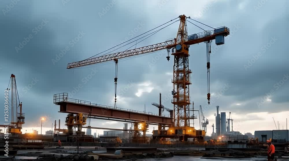 Construction crane lifting beam, shipyard, dusk. Industrial site background, construction imagery Construction crane lifting beam, shipyard, dusk. Industrial site background, construction imagery
