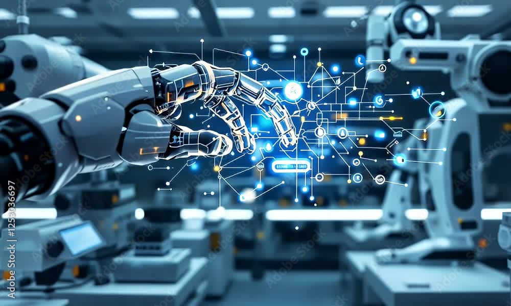 Robotic arm interacts with digital data in a factory; automation and industry 4.0 concept Robotic arm interacts with digital data in a factory; automation and industry 4.0 concept
