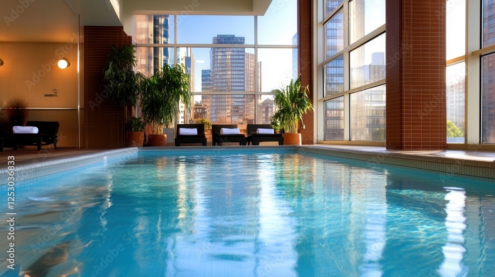 Luxurious indoor pool with cityscape view in modern building. Luxurious indoor pool with cityscape view in modern building.