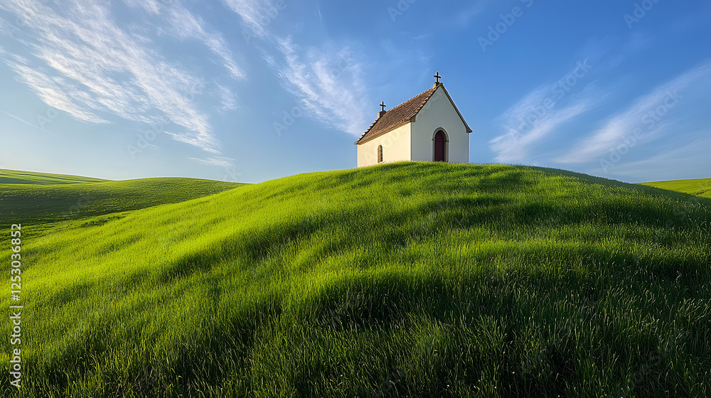 Idyllic chapel in Tuscany with green grass and blue sky
Idyllic chapel in Tuscany with green grass and blue sky
