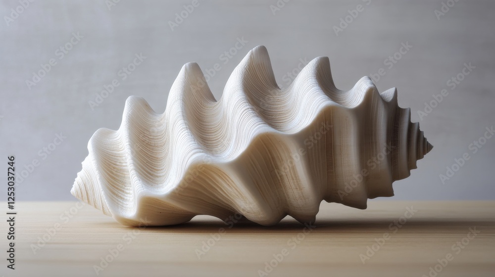 A close-up of a conch shella spiral tip and textured ridges, placed on a smooth wooden surface against a clean, minimalist background. A close-up of a conch shella spiral tip and textured ridges, placed on a smooth wooden surface against a clean, minimalist background.